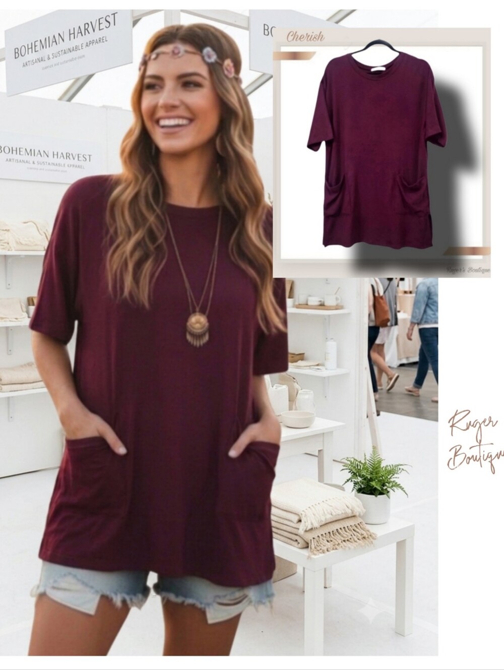 🌿Cherish Women's Medium Short Sleeve Plum Purple Split Hem Tunic Top
